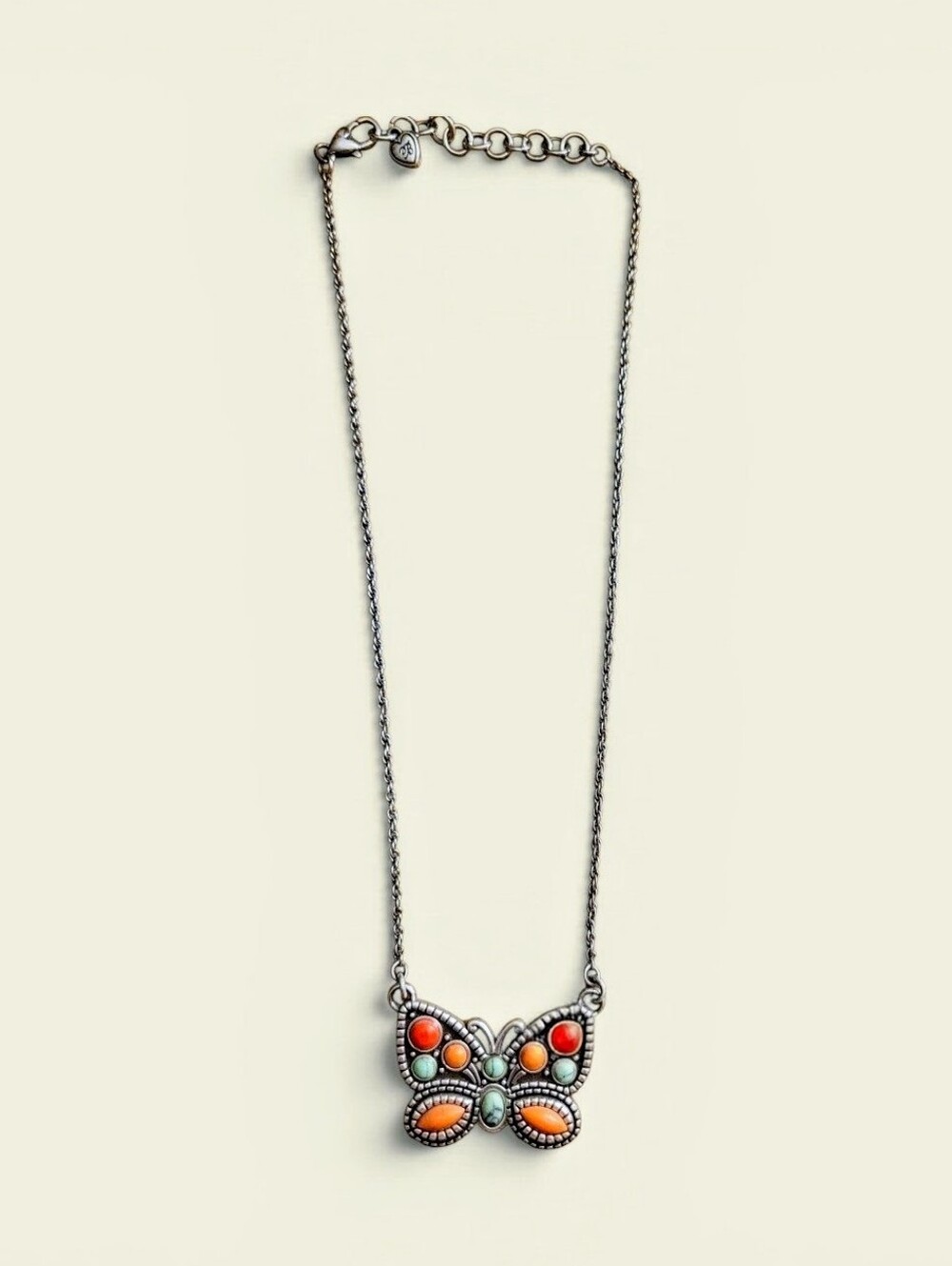 Brighton Sterling Butterfly Pendant Necklace with Orange and Coral Stones, NWOT
